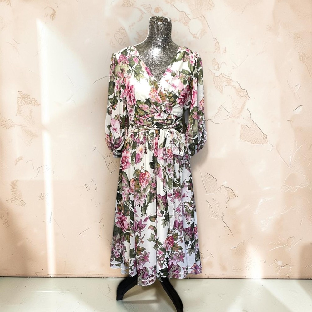 Maison Tara Floral Faux Wrap Midi Dress 3/4 Sleeve V Neck Belted Pink Cream 12